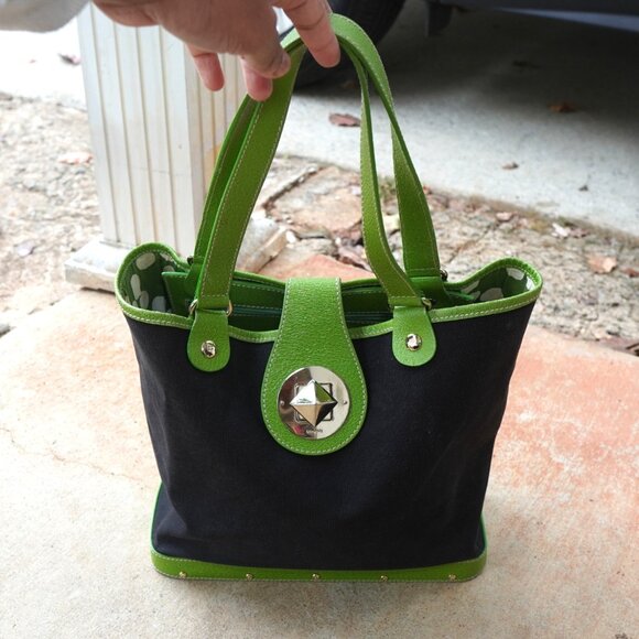 kate spade Handbags - RARE Vtg Kate Spade Neon Lime Black Canvas Wood Satchel